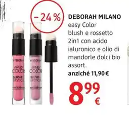 dm drogerie markt DEBORAH MILANO easy Color blush e rossetto 2in1 con acido ialuronico e olio di mandorle dolci bio offerta