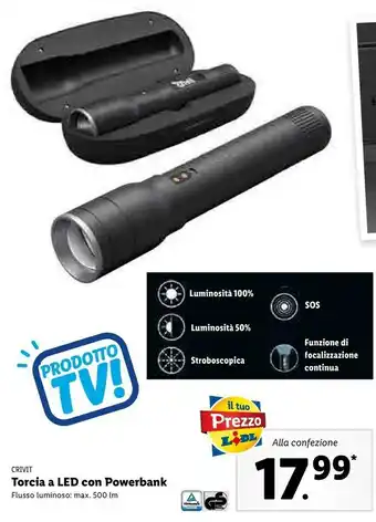 Lidl Crivit torcia a led con powerbank offerta