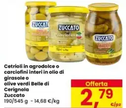 Eurospar Cetrioli in agrodolce o carciofini interi in olio di girasole o olive verdi Belle di Cerignola Zuccato offerta