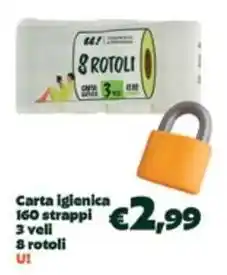 Unes Carta igienica 160 strappi 3 veli 8 rotoli U! offerta
