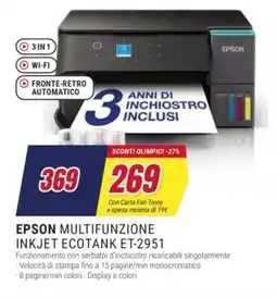 Trony EPSON MULTIFUNZIONE INKJET ECOTANK ET-2951 offerta