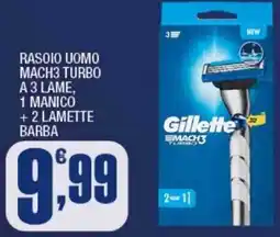 Splendidi e Splendenti Gillette Rasoio uomo mach3 turbo a 3 lame, 1 manico + 2 lamette barba offerta