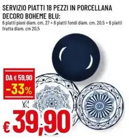 A&O Servizio piatti 18 pezzi in porcellana decoro boheme blu offerta