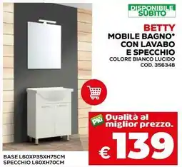 Conforama Betty mobile bagno con lavabo e specchio colore bianco lucido offerta