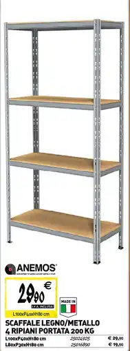 Tecnomat Anemos scaffale legno/metallo 4 ripiani portata offerta