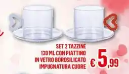 Satur Set 2 tazzine 120 ml con piattino in vetro borosilicato impugnatura cuore offerta