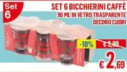 Satur Set 6 bicchierini caffè in vetro trasparente decoro cuori offerta