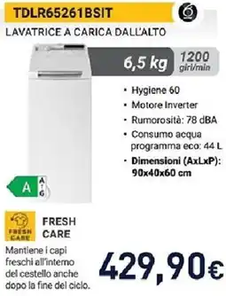 Unieuro Whirlpool TDLR65261BSIT LAVATRICE A CARICA DALL'ALTO offerta
