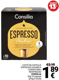 Supermercati Gulliver Caffè in capsule espresso arabica compatibili nespresso CONSILIA offerta