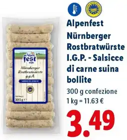 Lidl Alpenfest Nürnberger Rostbratwürste I.G.P. Salsicce di carne suina bollite offerta