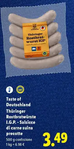 Lidl Taste of Deutschland Thüringer Rostbratwürste I.G.P. Salsicce di carne suina precotte offerta