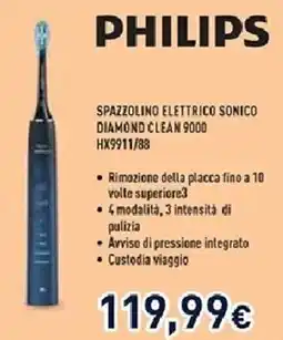Unieuro PHILIPS SPAZZOLINO ELETTRICO SONICO DIAMOND CLEAN 9000 HX9911/88 offerta
