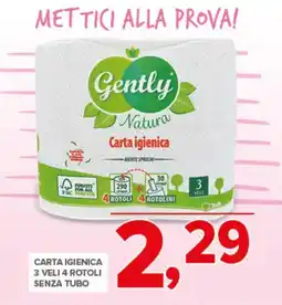 Todis Gently carta igienica 3 veli 4 rotoli senza tubo offerta
