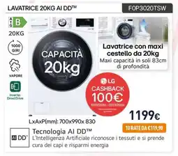 Unieuro LG LAVATRICE 20KG AI DD FOP3020TSW offerta