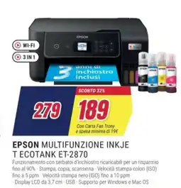 Trony EPSON MULTIFUNZIONE INKJE T ECOTANK ET-2870 offerta