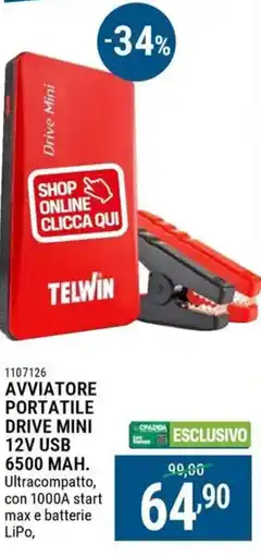 Cfadda Avviatore portatile drive mini 12V USB 6500 MAH offerta