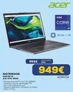 Euronics Acer notebook aspire 15 A15-51M-96K9 offerta