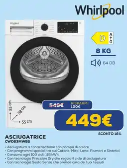 Euronics Whirlpool ASCIUGATRICE CWD83MWBS offerta