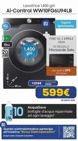 Euronics SAMSUNG Lavatrice 1.400 giri Ai-Control WW10FG6U94LB offerta