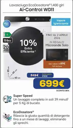 Euronics SAMSUNG Lavasciuga EcoDosatore 1.400 giri Ai-Control WDII offerta