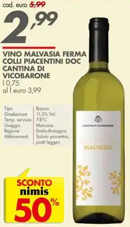 Italmark Vino malvasia ferma colli piacentini doc CANTINA DI VICOBARONE offerta