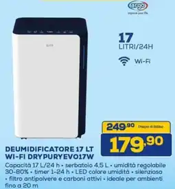 Euronics argo DEUMIDIFICATORE 17 LT WI-FI DRYPURYEVO17W offerta