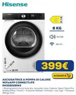 Euronics Hisense ASCIUGATRICE A POMPA DI CALORE WiFieAPP CONNECTLIFE DH3S802BW2 offerta