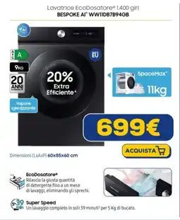 Euronics SAMSUNG Lavatrice EcoDosatore 1.400 giri BESPOKE AI WW11DB7B94GB offerta