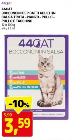 DPiù 44cat bocconcini per gatti adulti in salsa trota, manzo, pollo, pollo e tacchino offerta