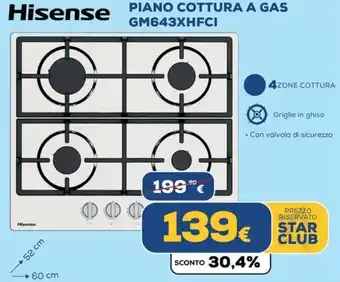 Euronics Hisense PIANO COTTURA A GAS GM643XHFCI offerta