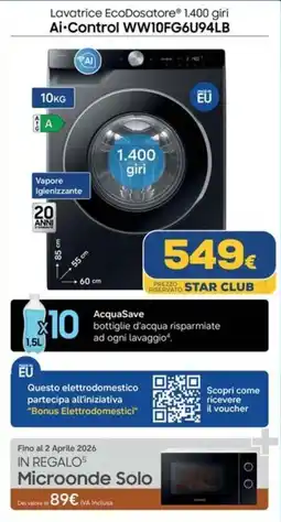Euronics SAMSUNG Lavatrice EcoDosatore 1.400 giri Ai-Control WW10FG6U94LB offerta