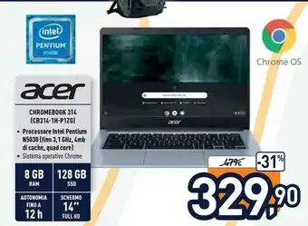 Unieuro Chromebook cb314-1h-p1zg 35,6 cm (14") full hd intel® pentium® silver 8 gb ddr4-sdram 128 gb emmc wi-fi 5 (802.11ac) chrome o offerta