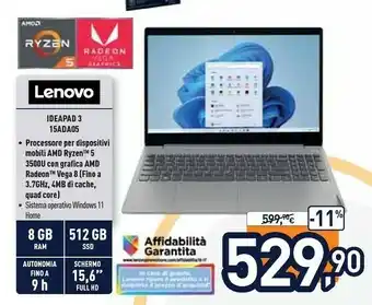 Unieuro Ideapad 3 15ada05 computer portatile 39,6 cm (15.6") full hd amd ryzen 5 8 gb ddr4-sdram 512 gb ssd wi-fi 5 (802.11ac) window offerta