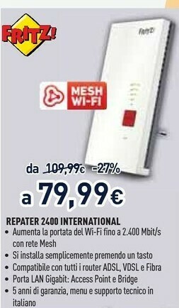 Unieuro Avm fritz!repeater 2400 ripetitore di rete 1733 mbit/s bianco offerta