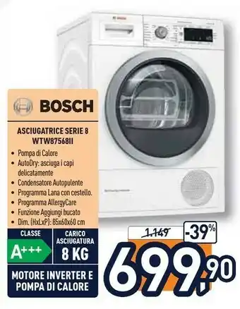 Unieuro Serie 8 wtw87568ii asciugatrice libera installazione caricamento frontale 8 kg a+++ bianco offerta