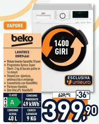 Unieuro Lavatrice a vapore uwr94a6i, classe a, 9kg, 1400 giri/min offerta