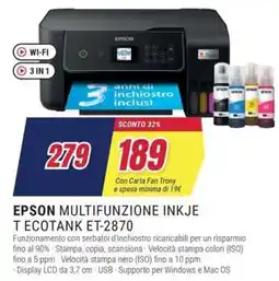 Trony EPSON MULTIFUNZIONE INKJE T ECOTANK ET-2870 offerta