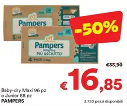 Unes Baby-dry Maxi 96 pz o Junior 88 pz PAMPERS offerta