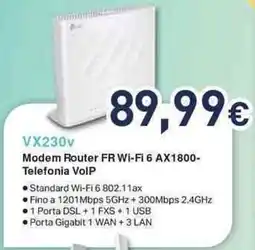 Unieuro tp-link VX230v Modem Router FR Wi-Fi 6 AX1800- Telefonia VoIP offerta