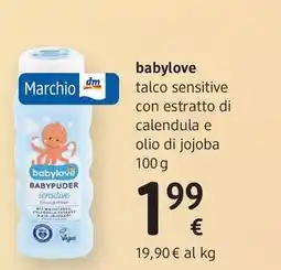 dm drogerie markt babylove talco sensitive con estratto di calendula e olio di jojoba offerta