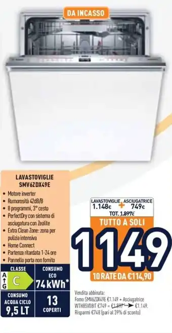 Unieuro Lavastoviglie SMV6ZDX49E offerta