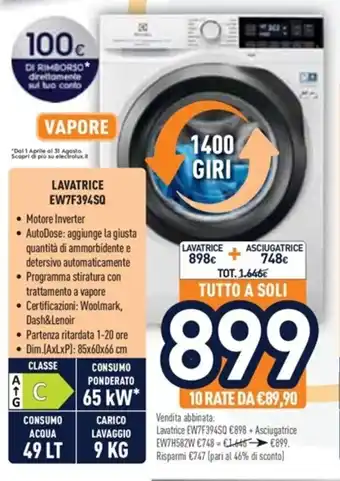 Unieuro Vapore Lavatrice EW7F394SQ offerta