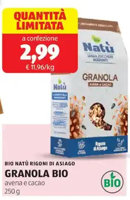 ALDI Bio natù rigoni di asiago granola bio avena e cacao offerta