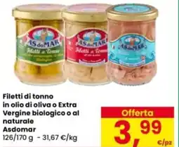 Eurospar Filetti di tonno in olio di oliva o Extra Vergine biologico o al naturale Asdomar offerta