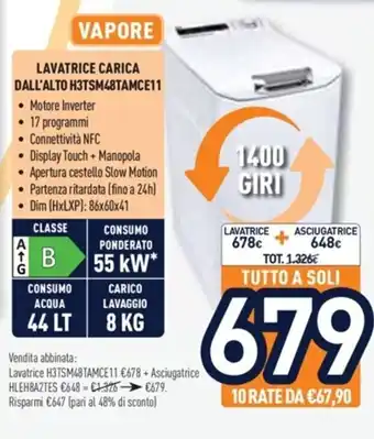 Unieuro Lavatrice Carica Dall'Alto H3TSM48TAMCE11 offerta