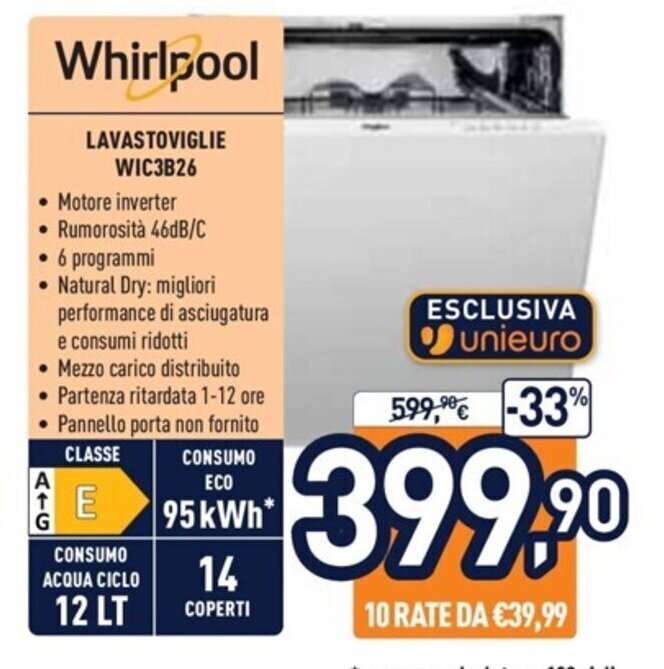 Whirlpool Lavastoviglie WIC3B26 offerta di Unieuro