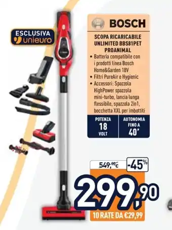 Unieuro Bosch Scopa Ricaricabile Unlimited BBS81PET Proanimal offerta
