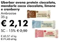NaturaSì Uberbar avena protein cioccolato, mandorle cocco cioccolato, limone e cranberry Ambrosiae offerta