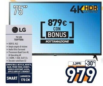 Unieuro 75up75006lc tv 190,5 cm (75") 4k ultra hd smart tv wi-fi nero offerta