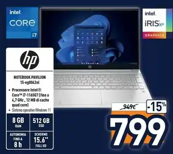Unieuro Pavilion 15-eg0042nl computer portatile 39,6 cm (15.6") full hd intel® core™ i7 di undicesima generazione 8 gb ddr4-sdram 512 offerta